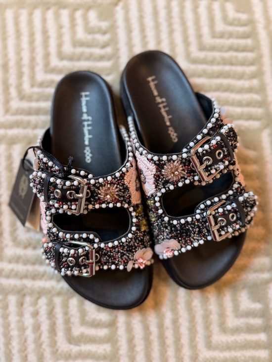 House of Harlow 1960 Shoes - NEW House of Harlow 1960 Pink & Black Beaded Double-Buckle Slide Sandals